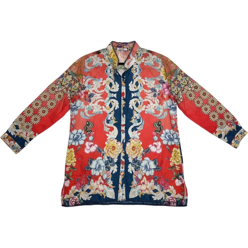 Johnny Was Silk Floral Button Down Blouse Women Large Red Boho Luxury Fairy